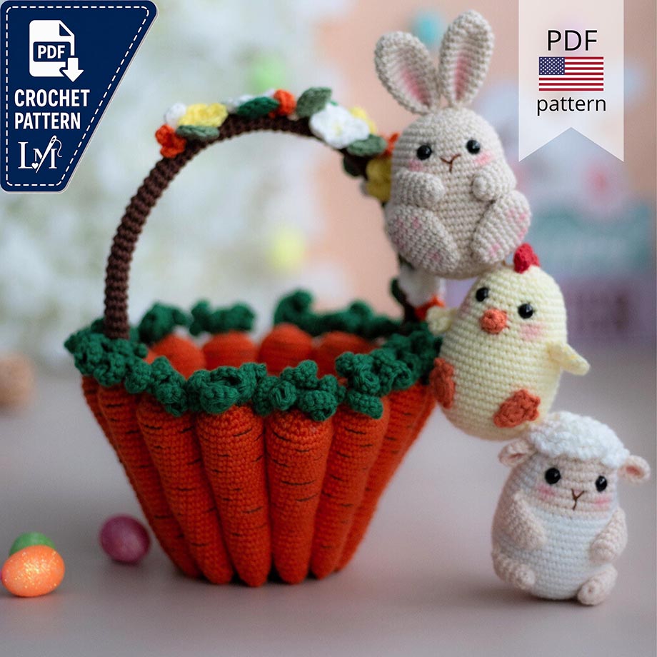 Crochet Easter Basket Pattern with Bunny, Sheep & Chicken (PDF)